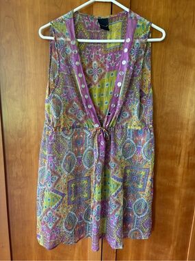 Cejon Vibrant beach, cover-up Tie-Front Mini Dress in purple Pink & Yellow green